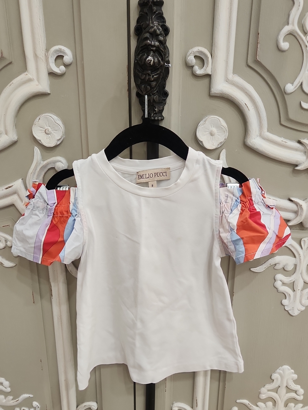 Emilio Pucci Girls White Tee with Puff Cold-Shoulder Sleeves Size 2